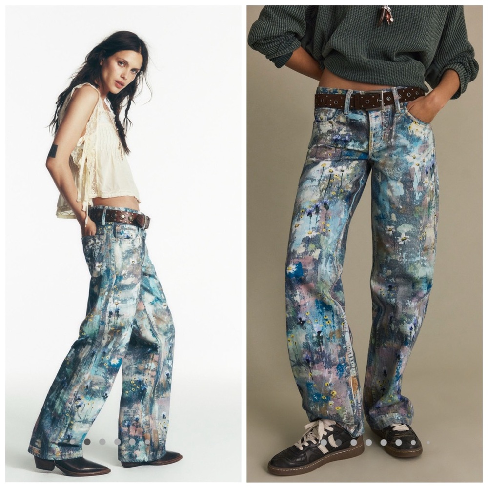 Free People Tennessee Low Rise Illusion Jeans Floral Canvas Paint Splatter Sz 26